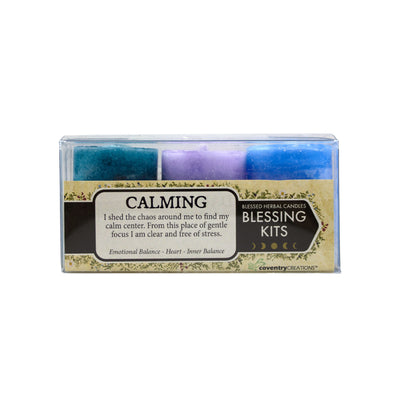 Coventry Creations Calming Blessing Kit. Light Purple Heart Votive, Deep Turquoise Emotional Balance Votive, Light Blue Inner Balance Votive