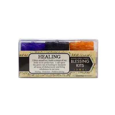 Coventry Creations Healing Blessing Kit. Purple Healing Votive, Black Protection Votive, Honey Yellow Problem Solver Votive
