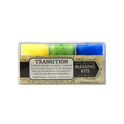 Coventry Creations Transition Blessing Kit. Yellow Needed Change Votive, Green Prosperity Votive, and Brilliant Blue Truth & Justice Votive