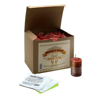 Coventry Creations Witch’s Brew Dragon’s Blood Blood Red Votive Candles in a box with one votive out 