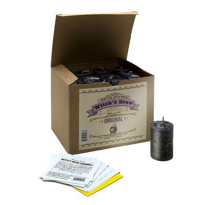 Coventry Creations Witch’s Brew Original Black Votive Candles in a box with one votive out  