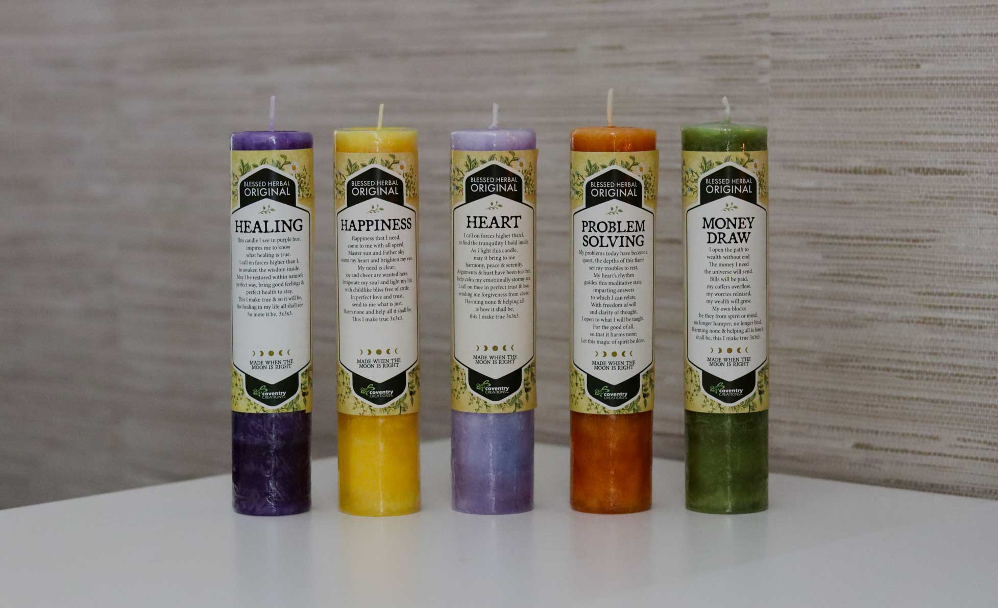 5 Coventry Creations Blessed Herbal Pillar Candles. Healing, Happiness, Heart, Problem Solving, and Money Draw