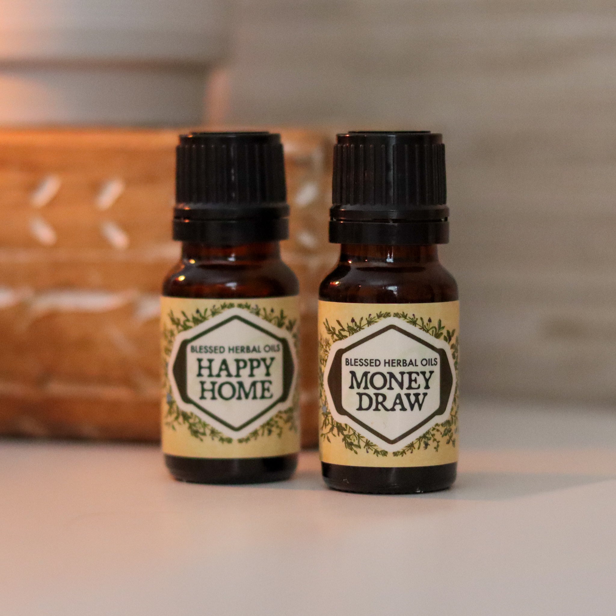 Blessed Herbal Happy Home and Money Draw oils bottles 