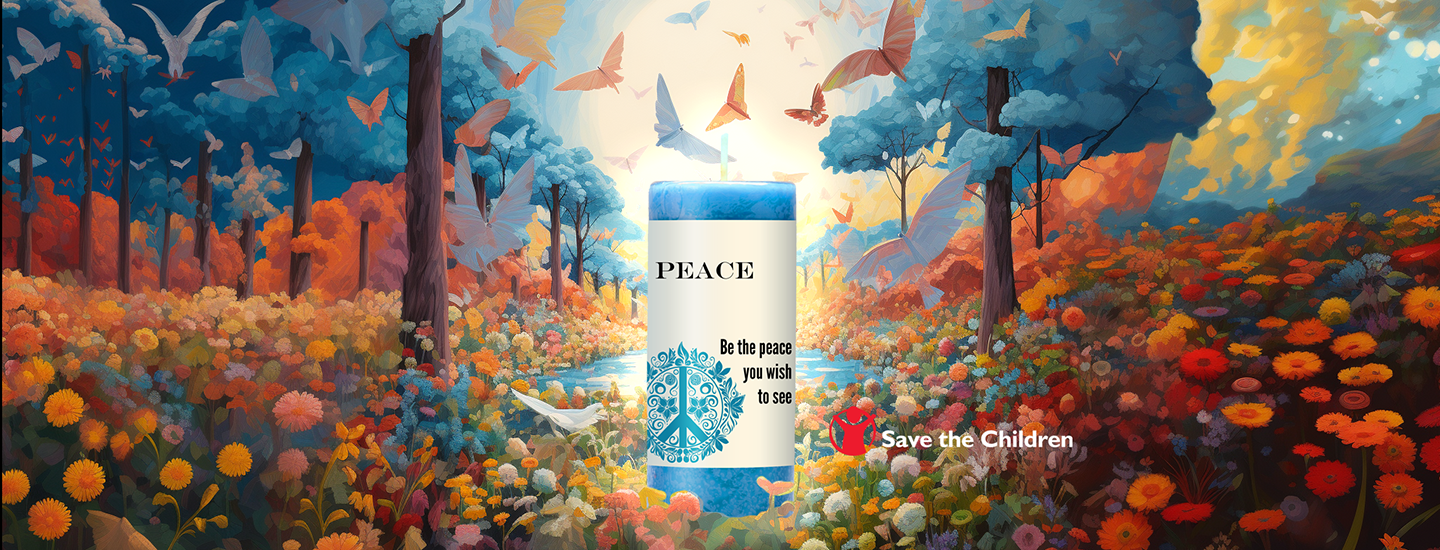 The World Peace Candle. Proceeds from the sale of this candle directly benefit Save the Children