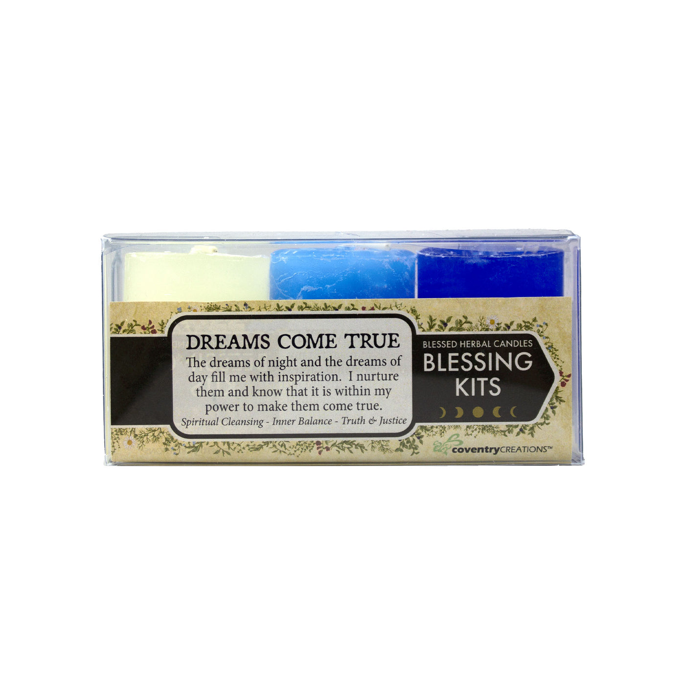 Coventry Creations Dreams Come True Blessing Kit. Light Blue Inner Balance Votive, White Spiritual Cleansing Votive, and Brilliant Blue Truth & Justice Votive 