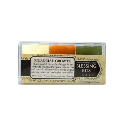 Coventry Creations Financial Growth Blessing Kit. Green Money Draw Votive, Yellow Problem Solver Votive, and White Spiritual Cleansing Votive