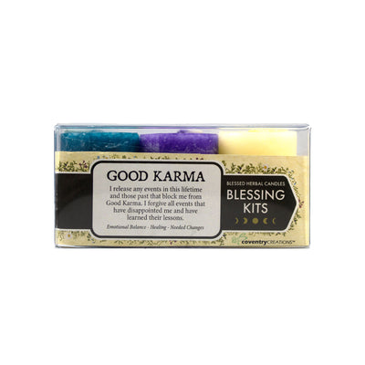 Coventry Creations Good Karma Blessing Kit. Deep Turquoise Emotional Balance Votive, Purple Healing Votive, and Yellow Needed Change Votive