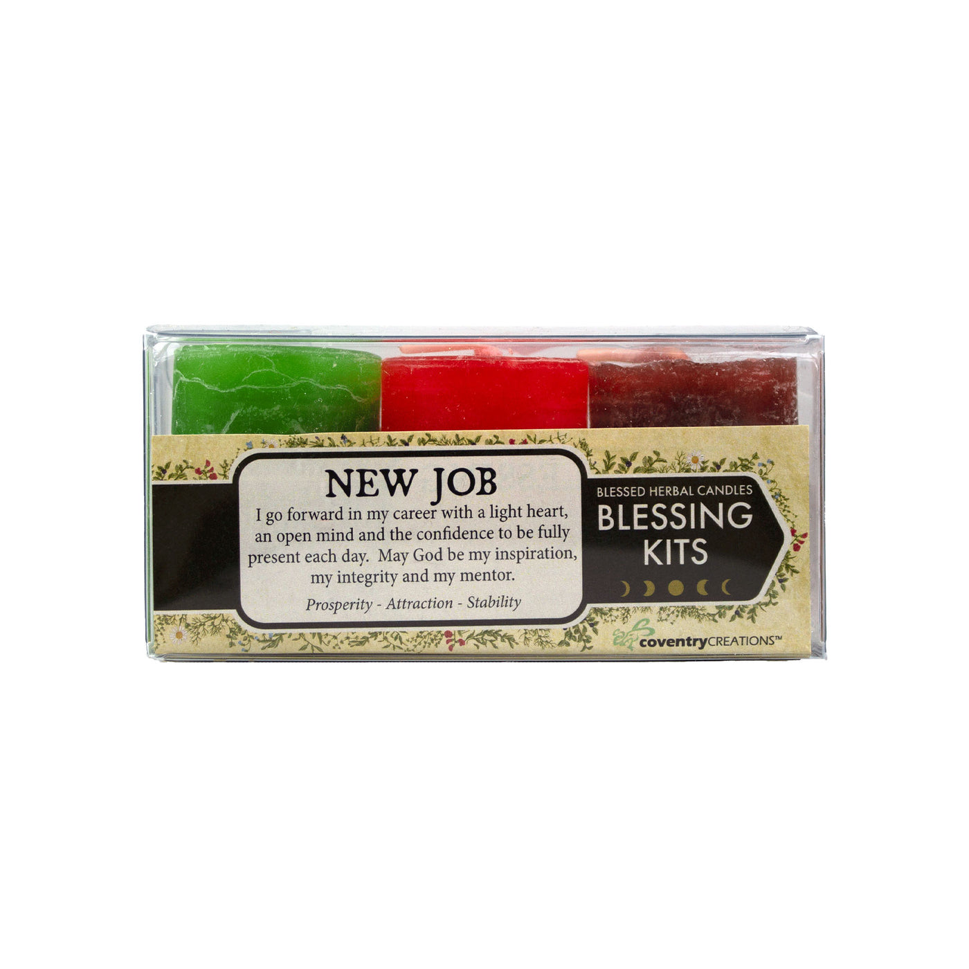 Coventry Creations New Job Blessing Kit. Green Prosperity Votive, Red Attraction Votive, and Brown Stability Votive
