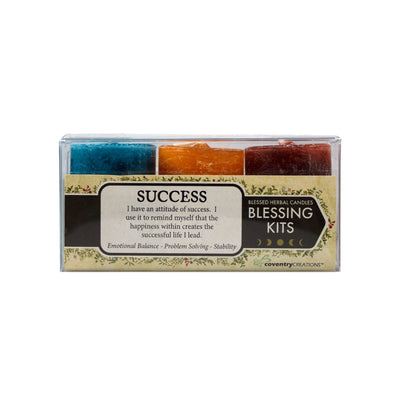 Coventry Creations Success Blessing Kit. Deep Turquoise Emotional Balance Votive, Honey Yellow Problem Solver Votive, and Brown Stability Votive