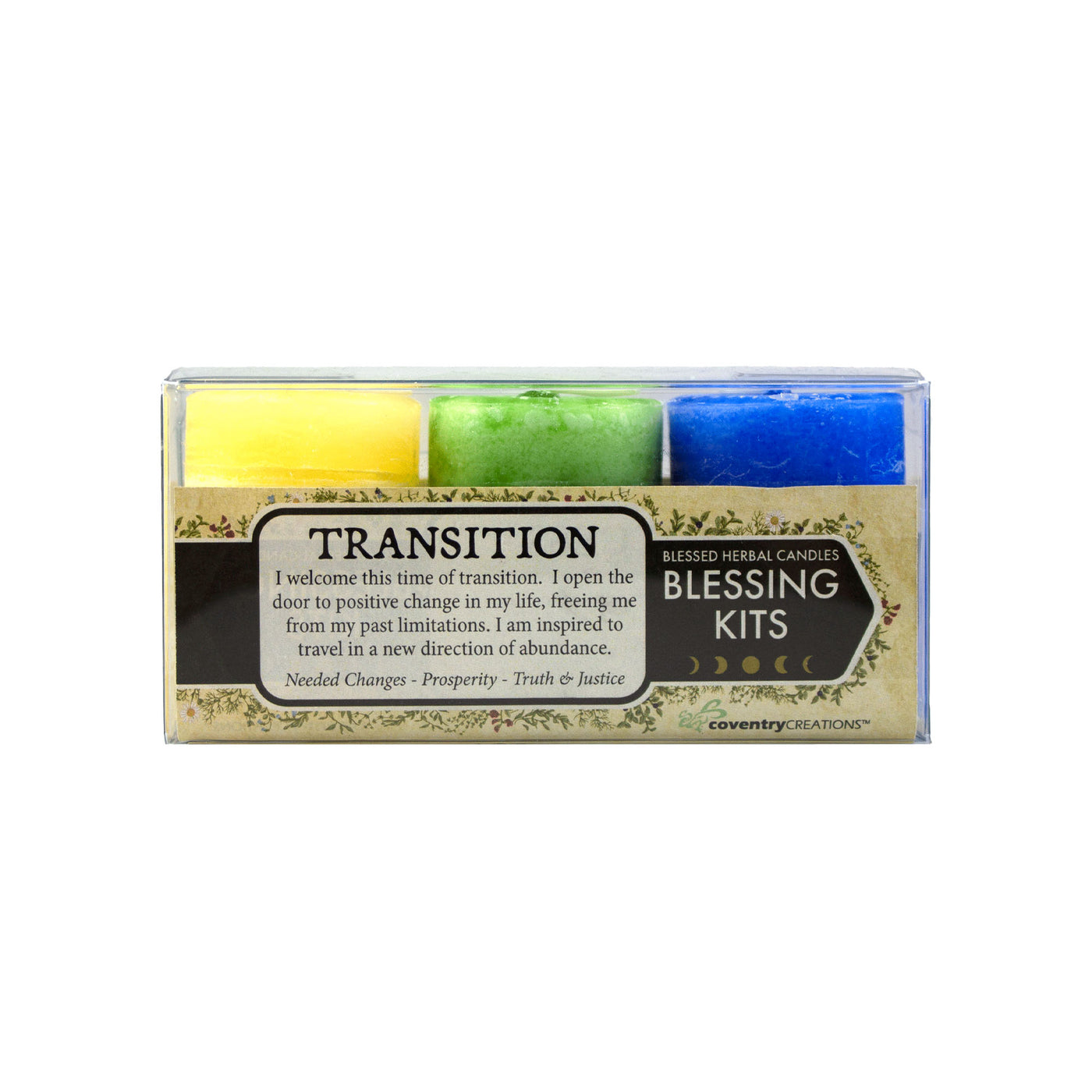 Coventry Creations Transition Blessing Kit. Yellow Needed Change Votive, Green Prosperity Votive, and Brilliant Blue Truth & Justice Votive