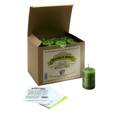 Coventry Creations Witch’s Brew Witch’s Purse Prosperous Green Votive Candles in a box with one votive out