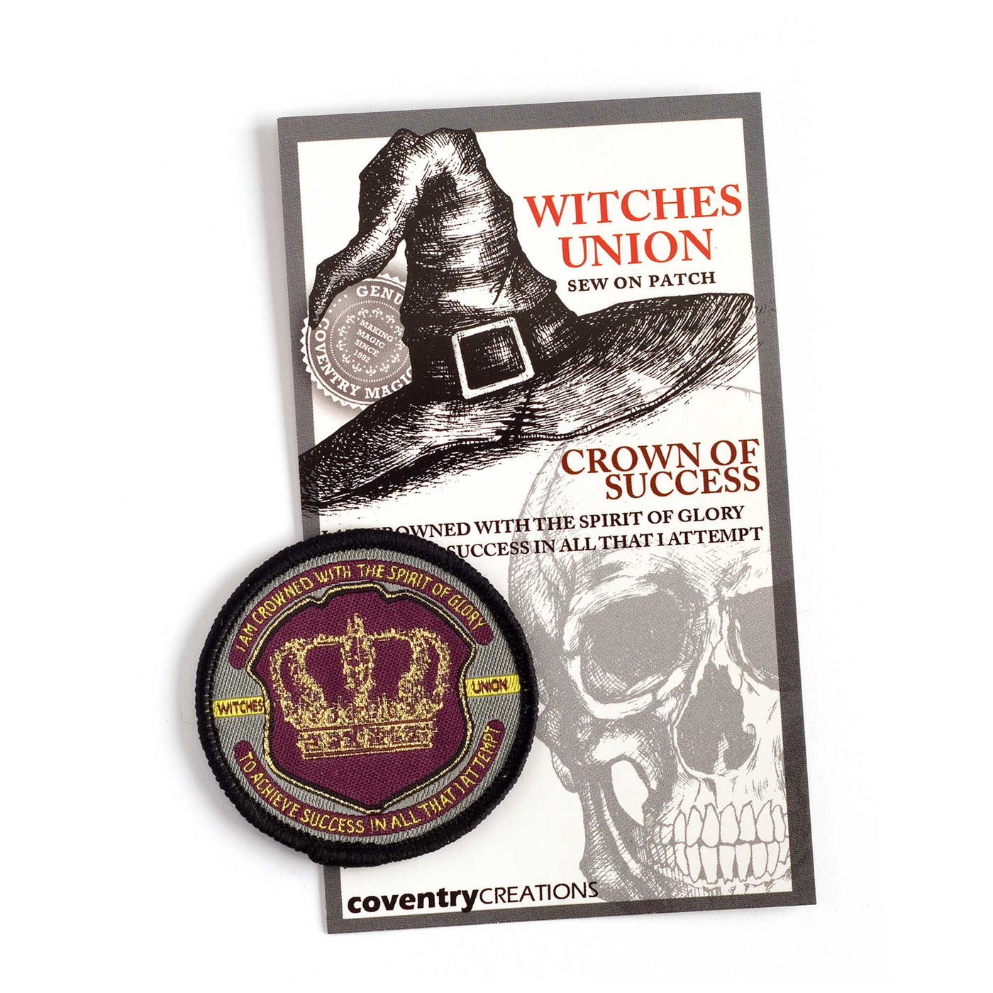 Coventry Creations Witches Union- Magical Adept Crown of Success Patch with witch hat and skull in background