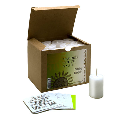 Coventry Creations World Magic Sacred White Sage White Votive Candles in a box with one votive out  