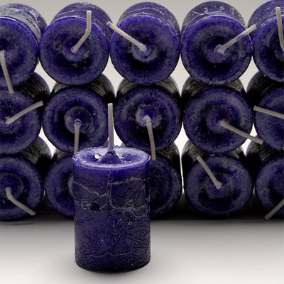 Coventry Creations Blessed Herbal Healing Power Votive Spiritual Purple candles stacked with one candle in front